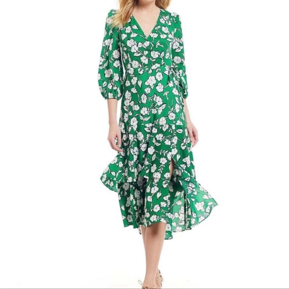 Eliza J Green Floral Faux Wrap Midi Dress